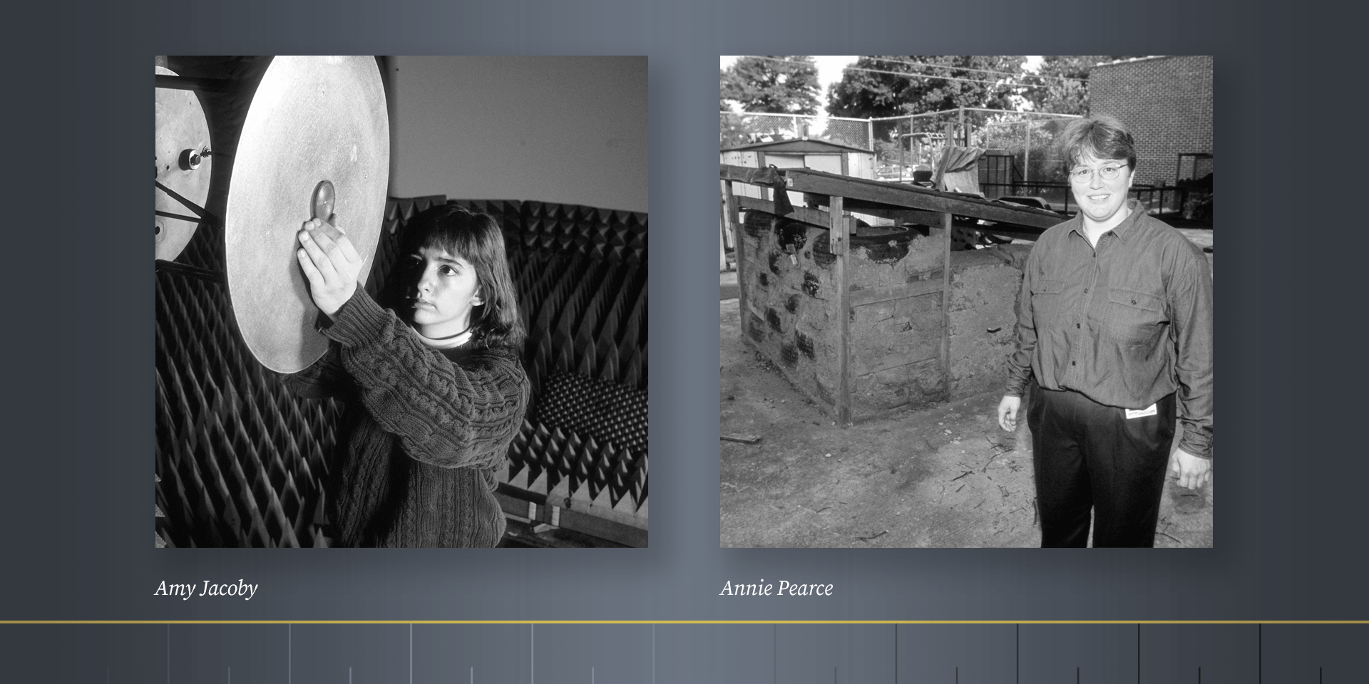 Two black and white photos of two women. The woman at left is adjusting a large, round instrument. The woman at right is standing outdoors in front of a small wooden structure.