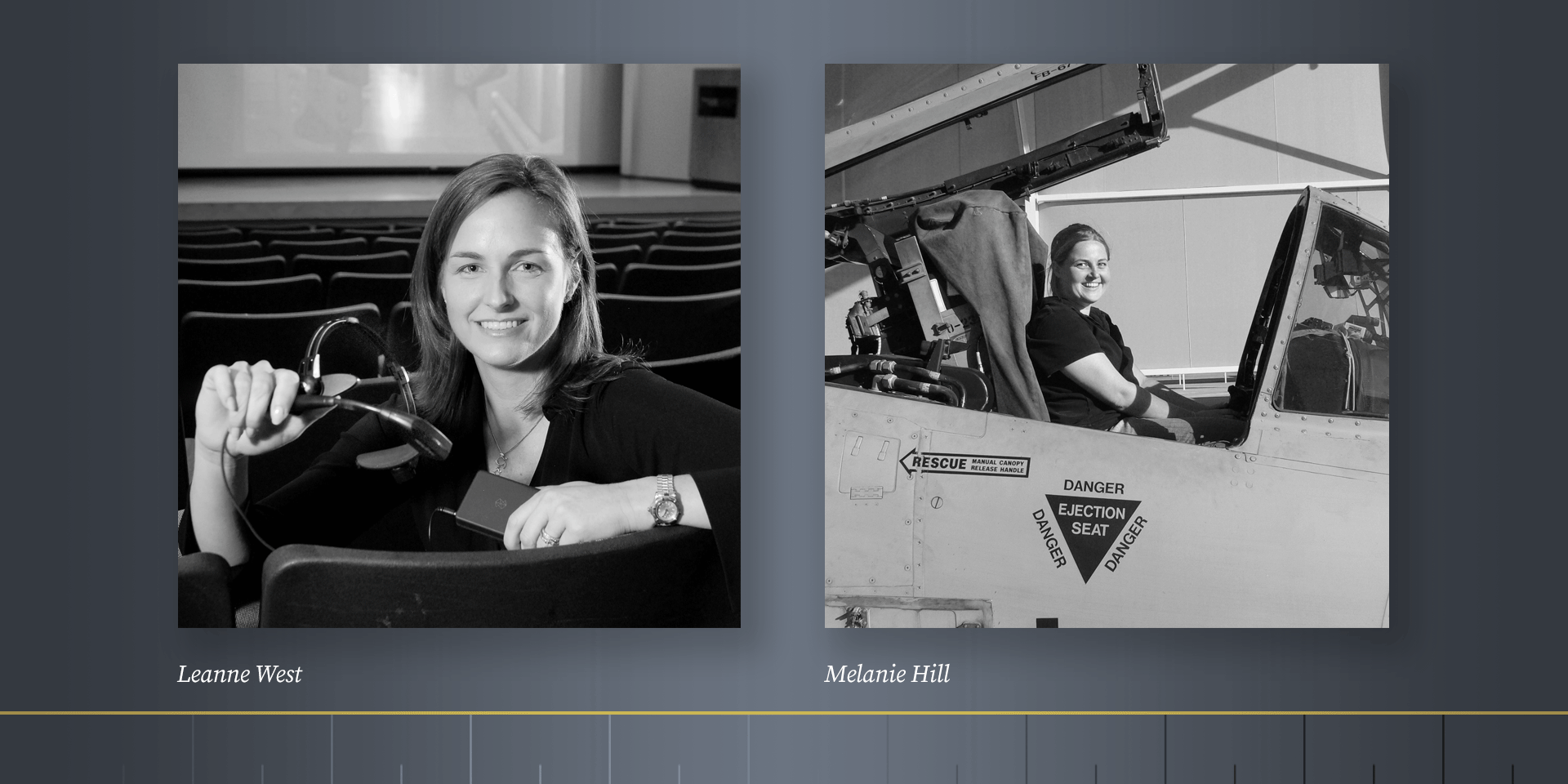 Two black and white photos of two women. Woman on left is sitting alone in a theater. Women on right is sitting in cockpit of fighter aircraft.