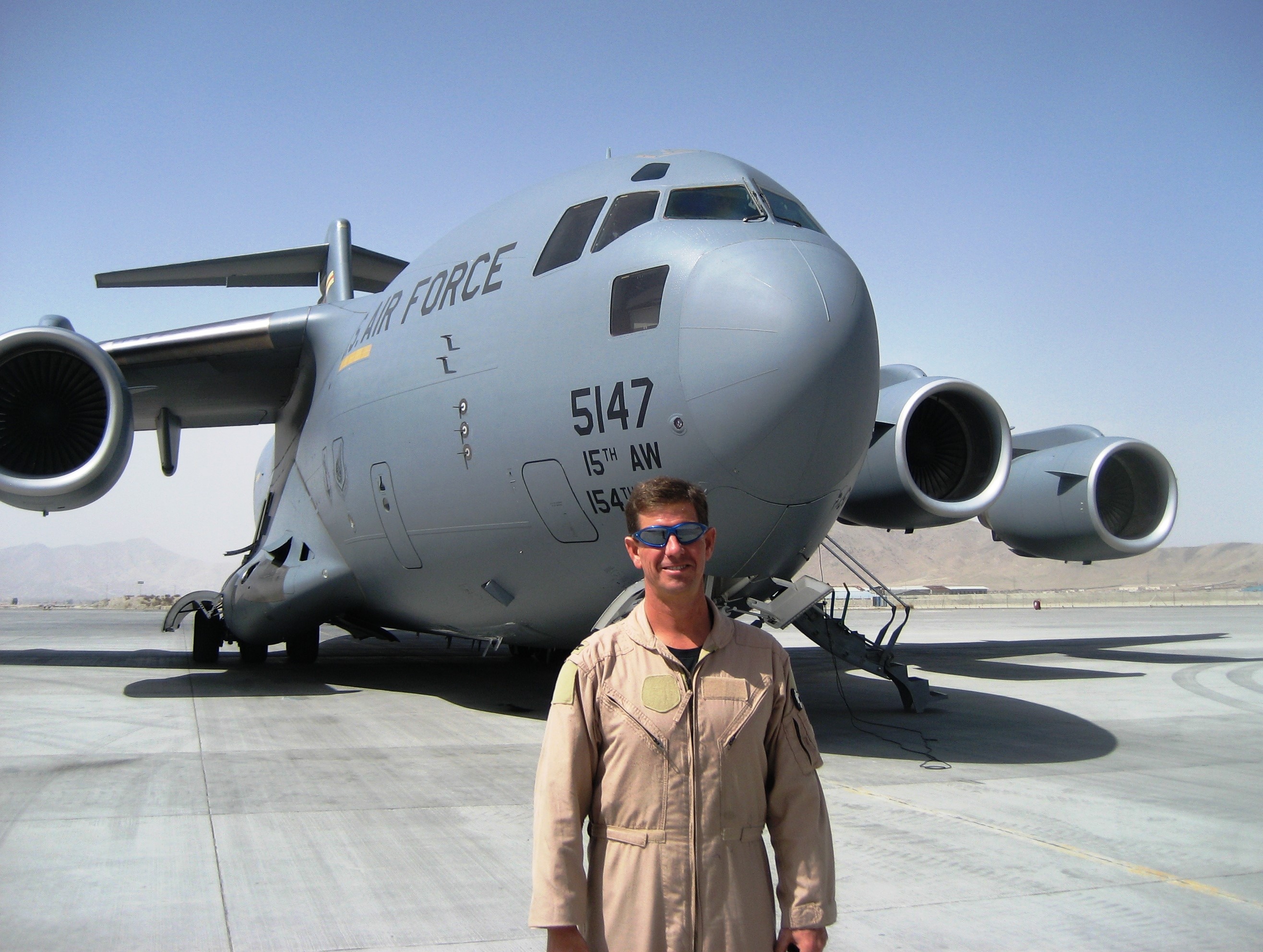 Col Marshall Bronston, now a GTRI principal research engineer, poses before taking off on a rescue mission in Kabul, Afghanistan. (photo credit: Lt. Col. Greg Woodrow)